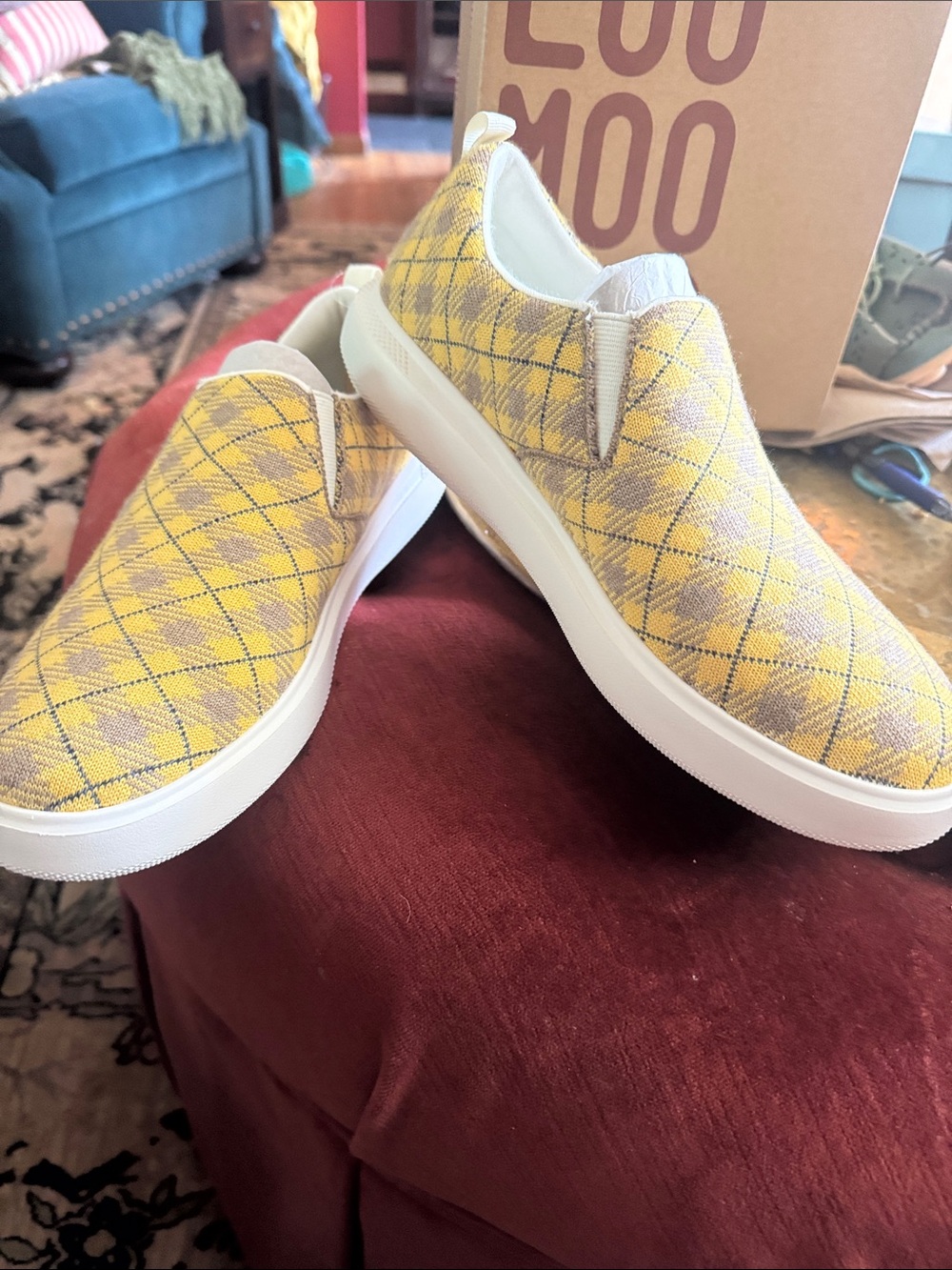 Cushioned Yellow Plaid Wool Slip-On Flats